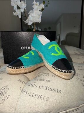 CHANEL Turquoise Espadrille Flats with Black Cap and Neon Green Logo
